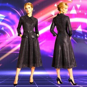 CARLUCCI Modern Minimalist Silver Shimmering Black Midi Dress EU Sz 46 US Sz 14